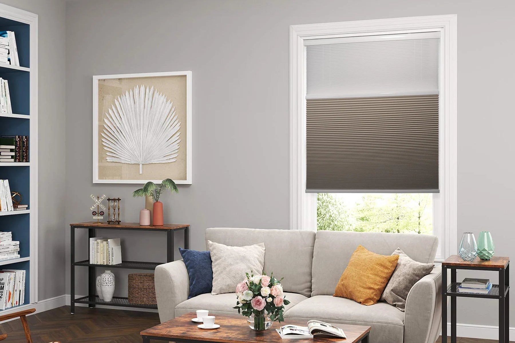 motorized day and night cellular shades in a living room