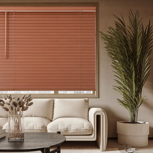 2" cordless room darkening eco-friendly wood blinds in a living room window