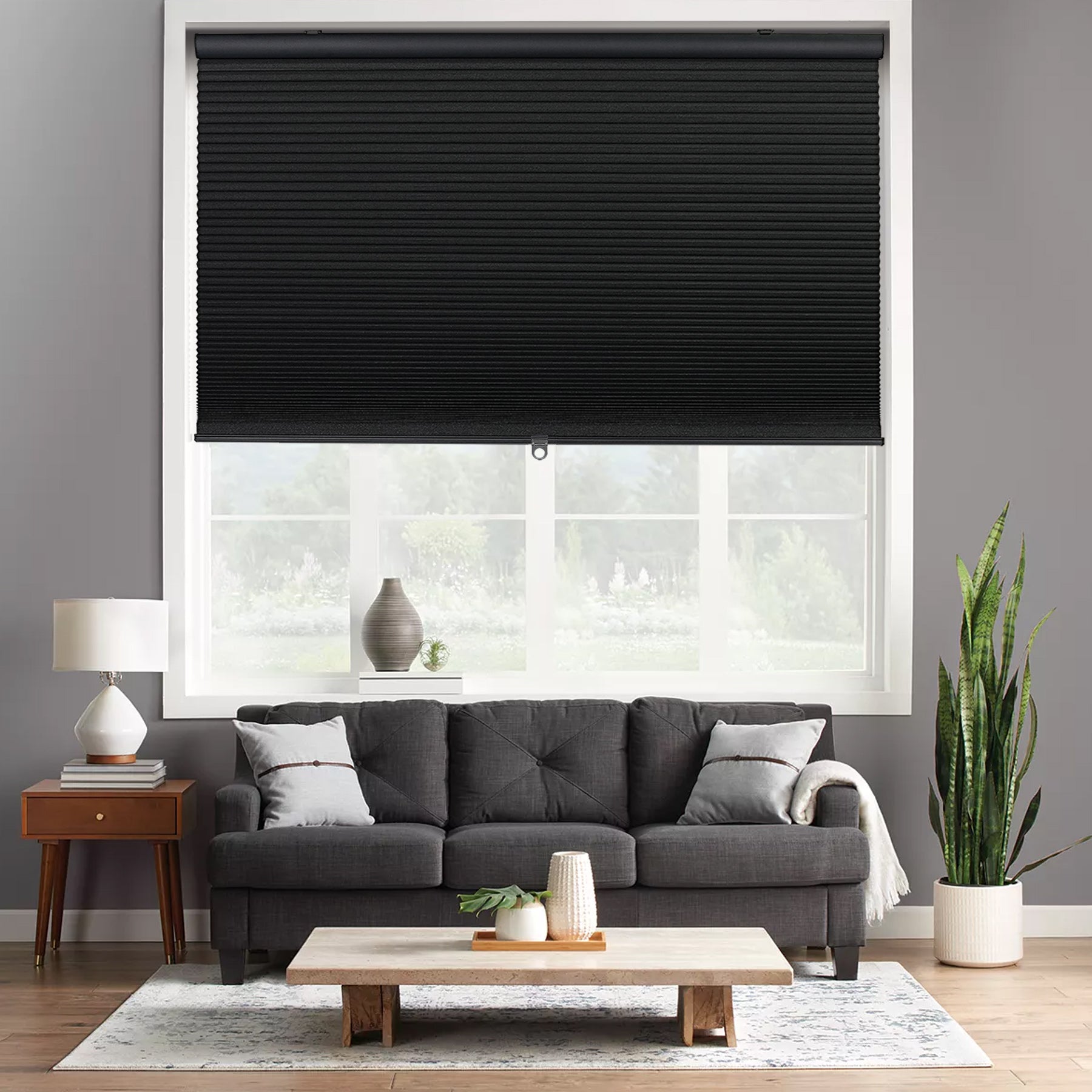 cordless blackout cellular shades in a living room window