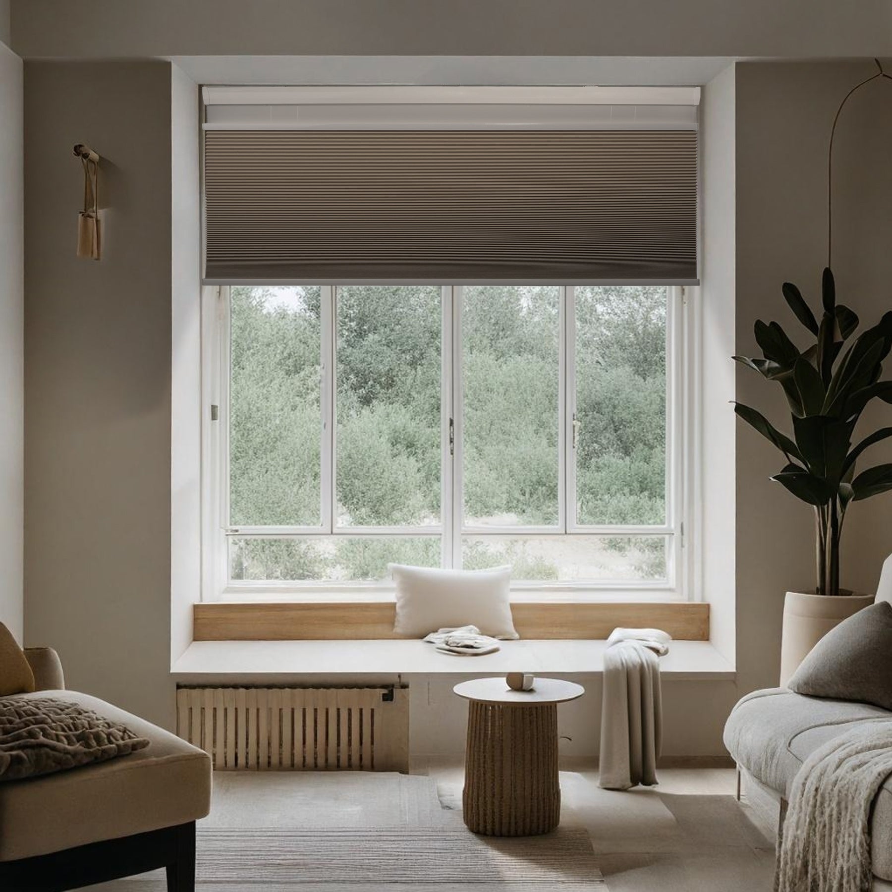 motorized day and night cellular shades in a living room