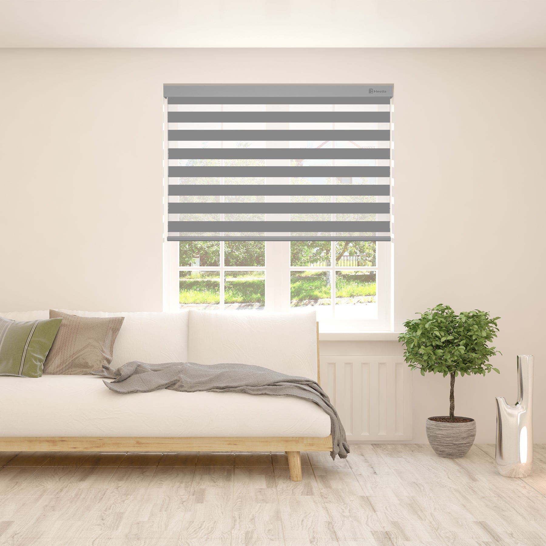 cordless light filtering zebra shades in a living room window