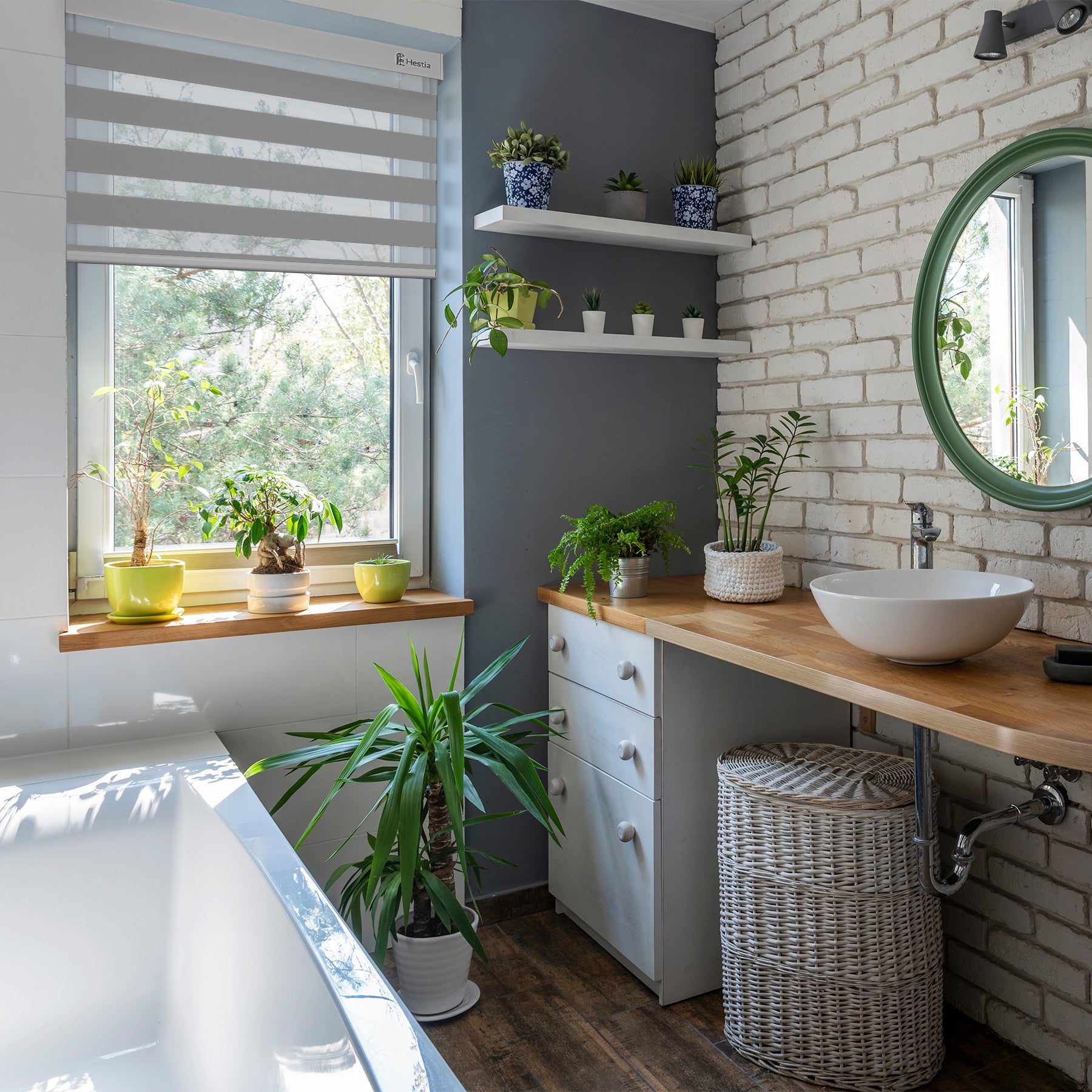 cordless light filtering zebra shades in a bathroom