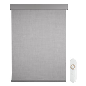 motorized fine-grained semi sheer sunscreen roller shades in a bedroom