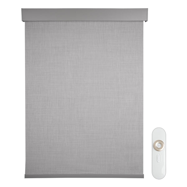 motorized fine-grained semi sheer sunscreen roller shades in a bedroom