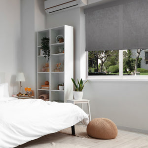 motorized fine-grained semi sheer sunscreen roller shades in a bedroom