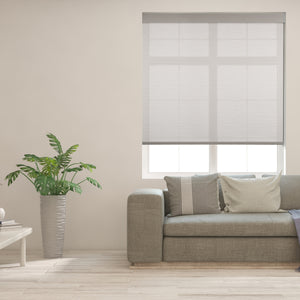 motorized coarse-grained semi sheer sunscreen roller shades in a living room