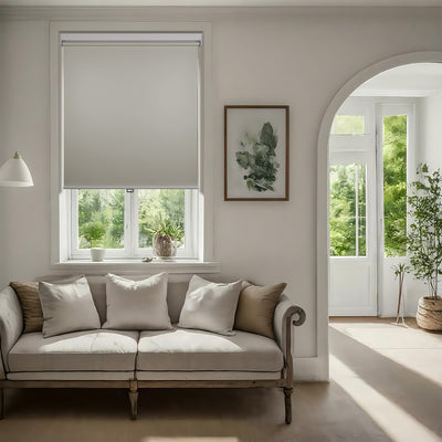 blackout waterproof bathroom roller shades in a living room