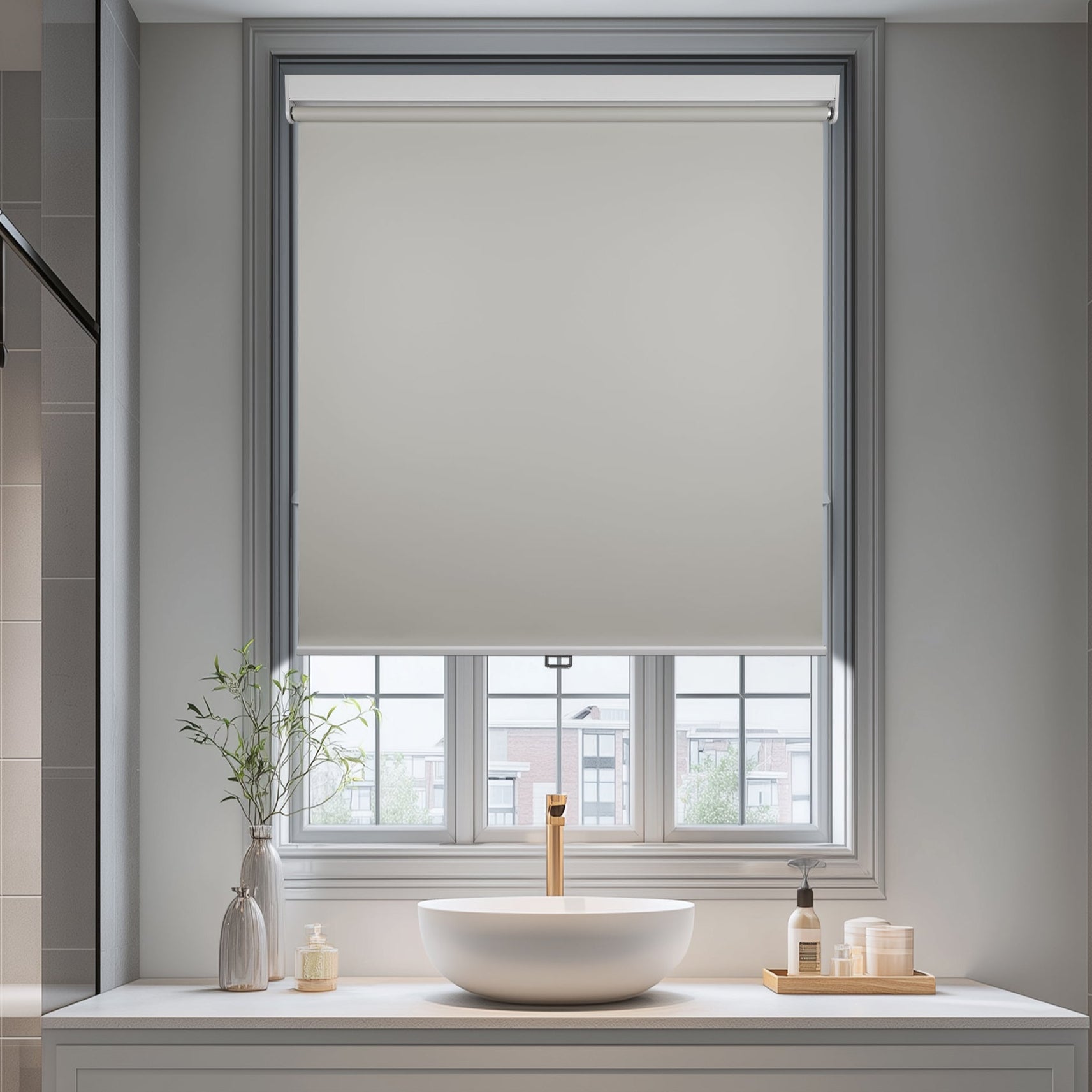 blackout waterproof bathroom roller shades in a bathroom