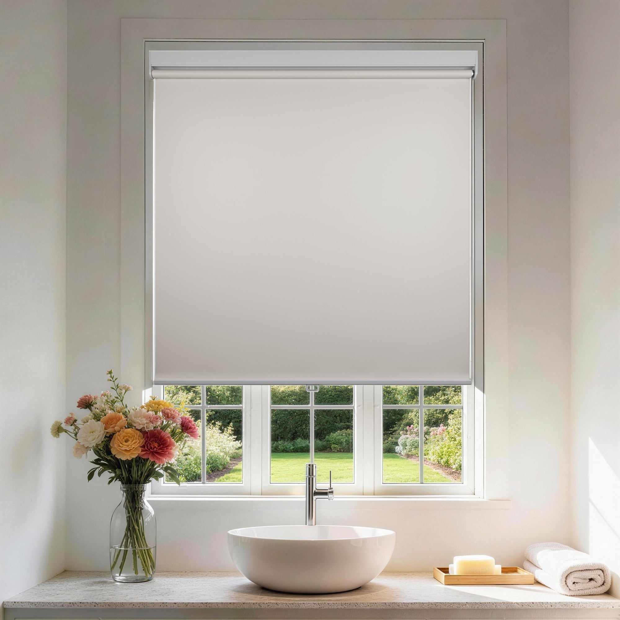 blackout waterproof bathroom roller shades in a bathroom