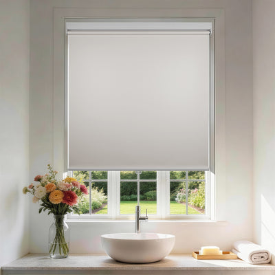 blackout waterproof bathroom roller shades in a bathroom