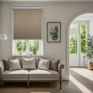 custom cordless free-stop blackout roller shades in a bedroom