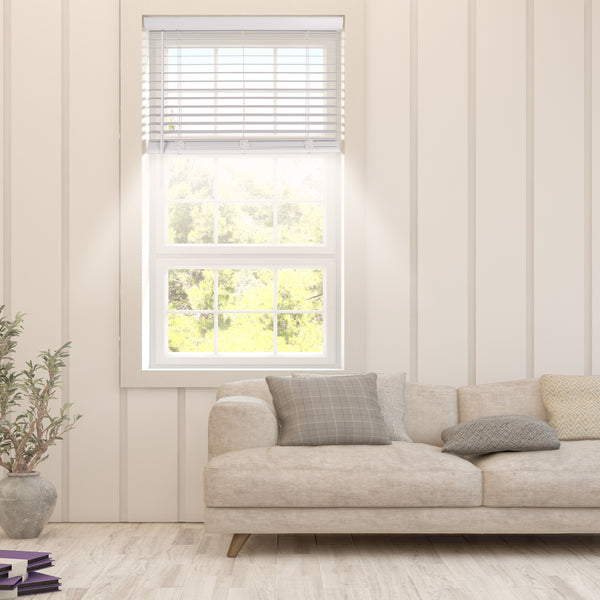 cordless ventilation waterproof  faux  
wood blinds in a living room