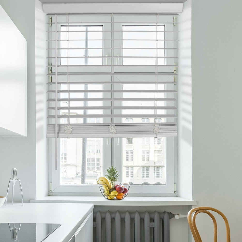 cordless ventilation waterproof faux wood blinds in a kitchen