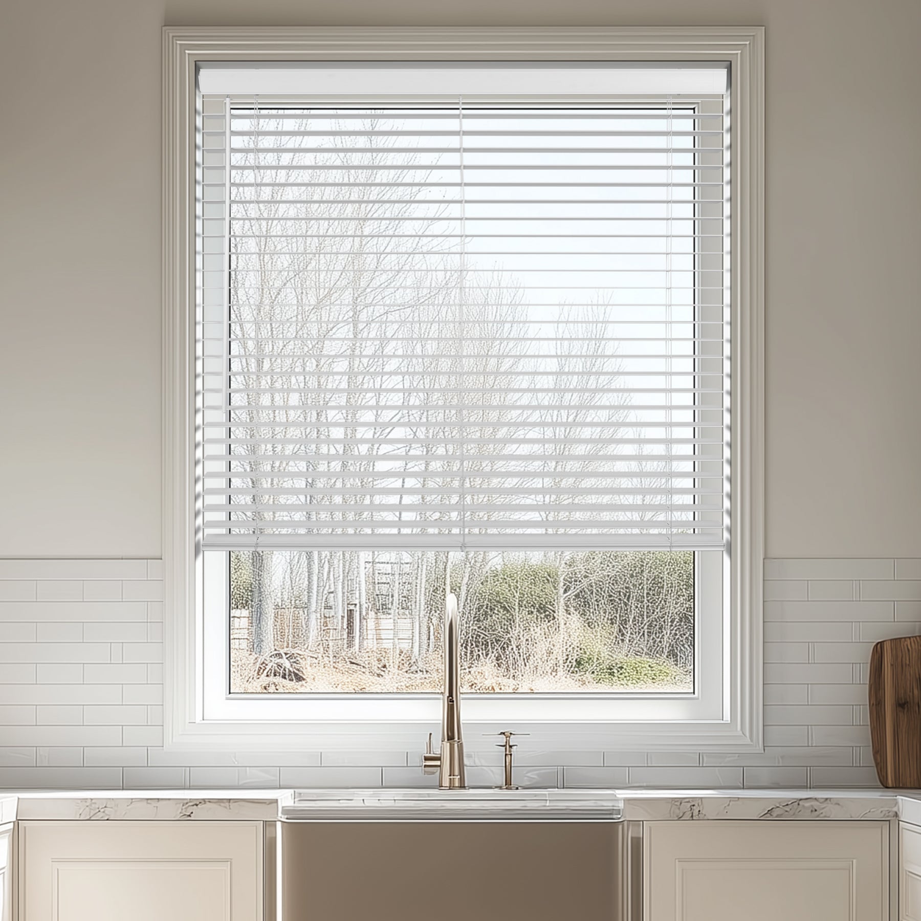 room darkening waterproof kitchen faux wood blinds in a kitchen