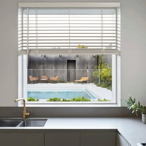 cordless ventilation waterproof faux wood blinds in a kitchen