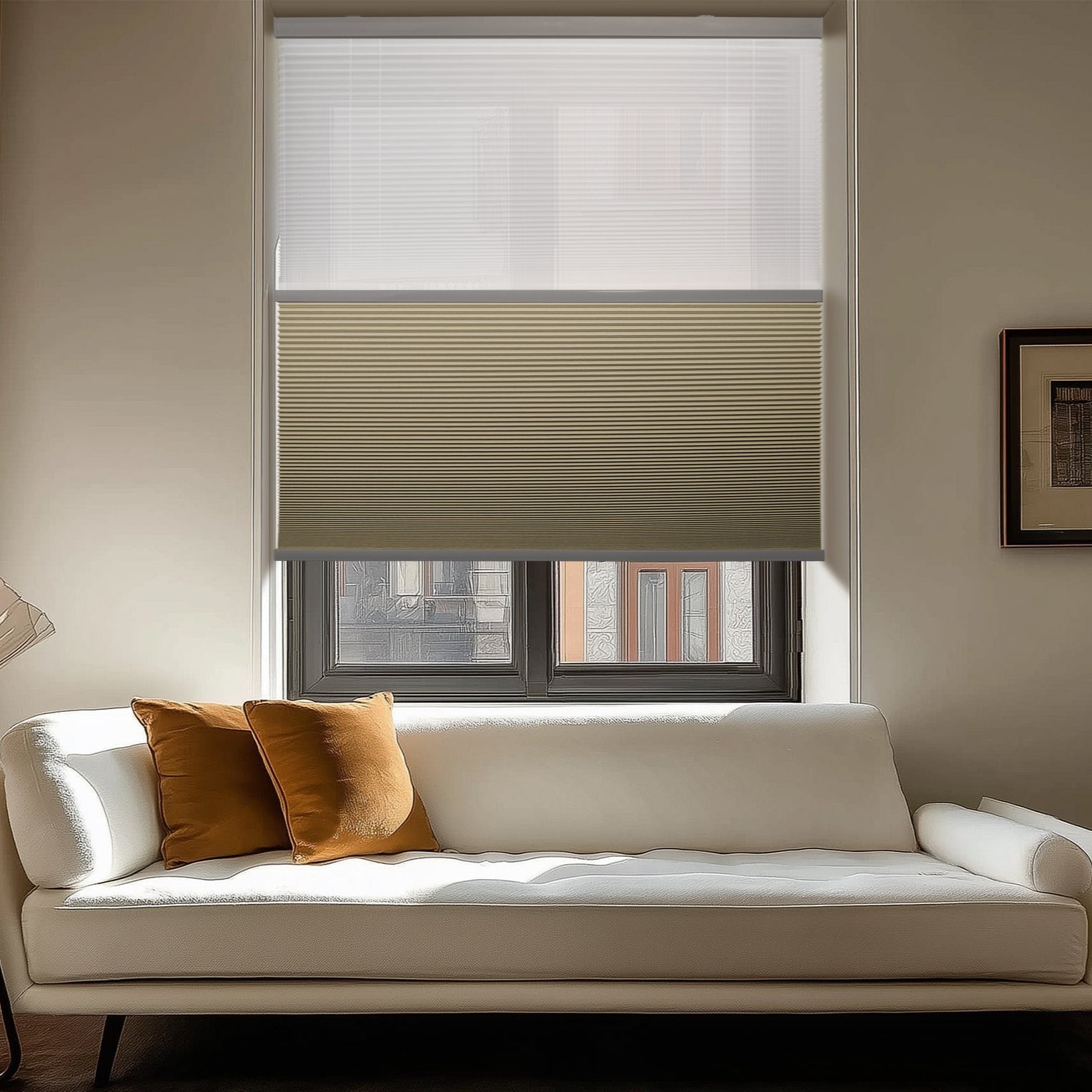 motorized day and night cellular shades in a living room
