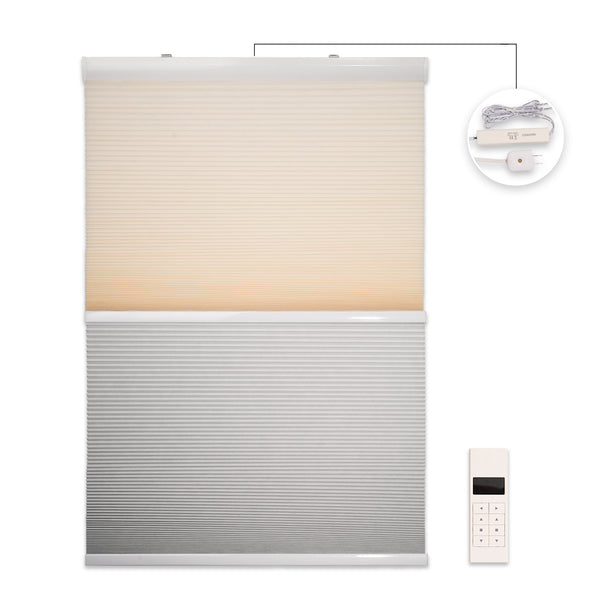 motorized openness day and night cellular shades - cream and grey white
