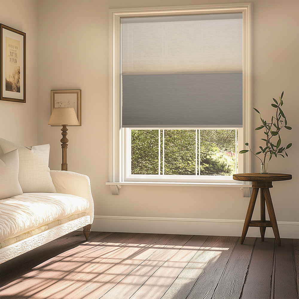 motorized openness day and night cellular shades in a living room window