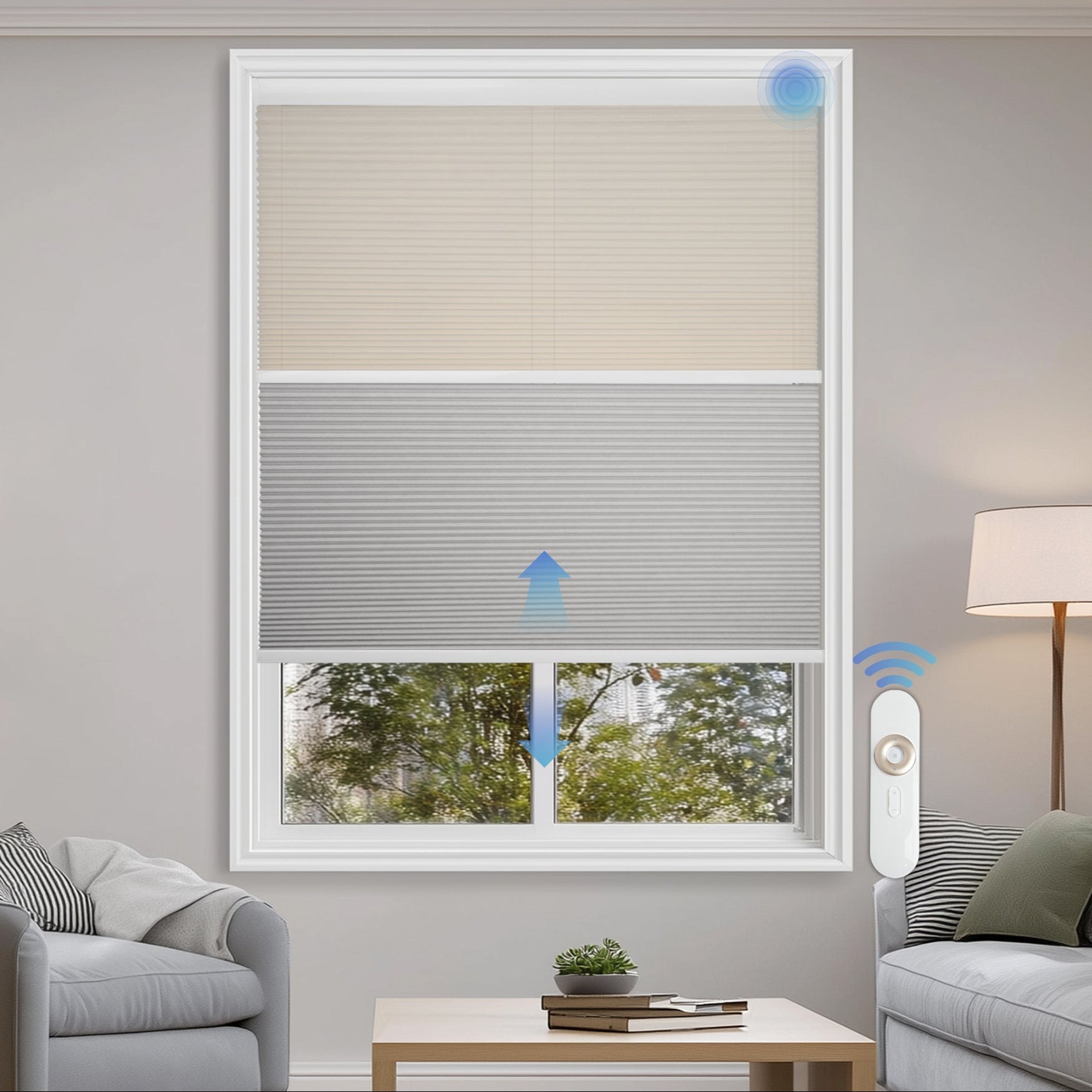 motorized day and night energy saving cellular shades in a living room window