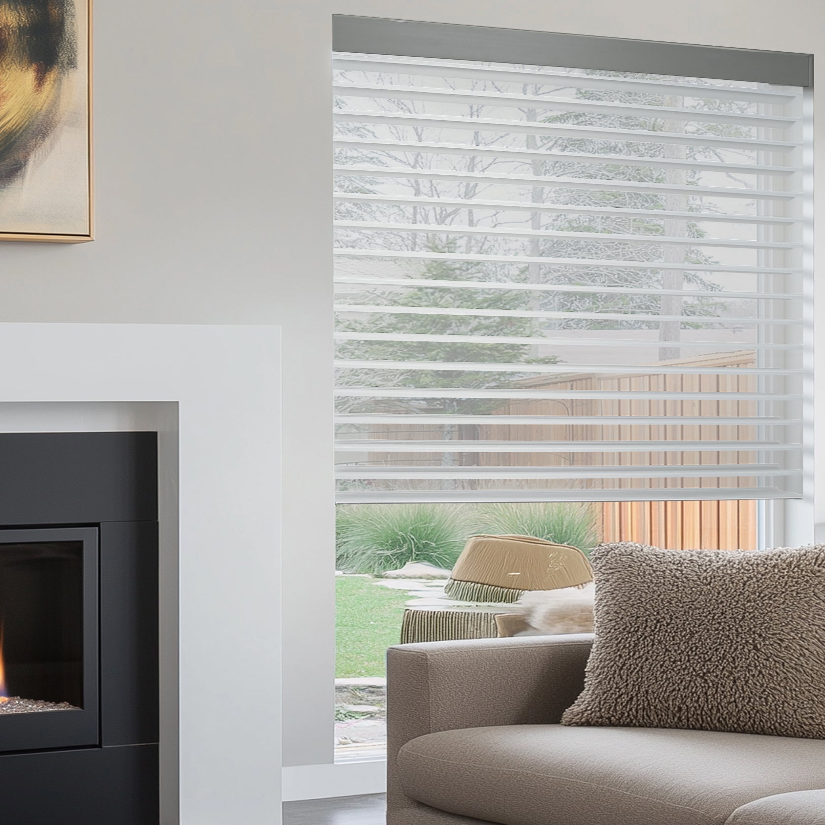 motorized room darkening 2-inch Shangri-La shades in a large window