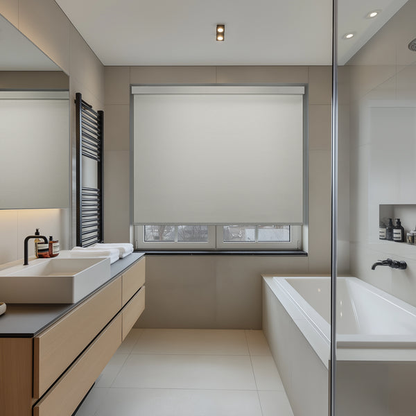 cordless blackout roller shades in a bathroom