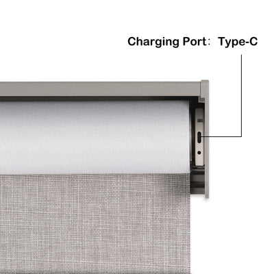motorized blackout linen-like solar roller shades charging port