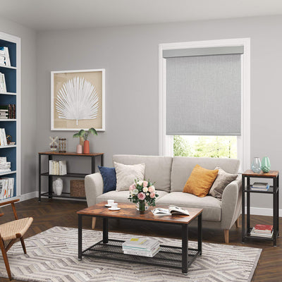 motorized blackout linen-like solar roller shades in living room