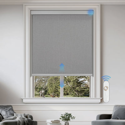 motorized blackout linen-like solar roller shades in a living room