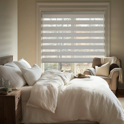 cordless room darkening zebra shades in a bedroom