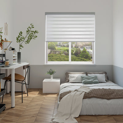 room darkening privacy protection zebra shades in a bedroom