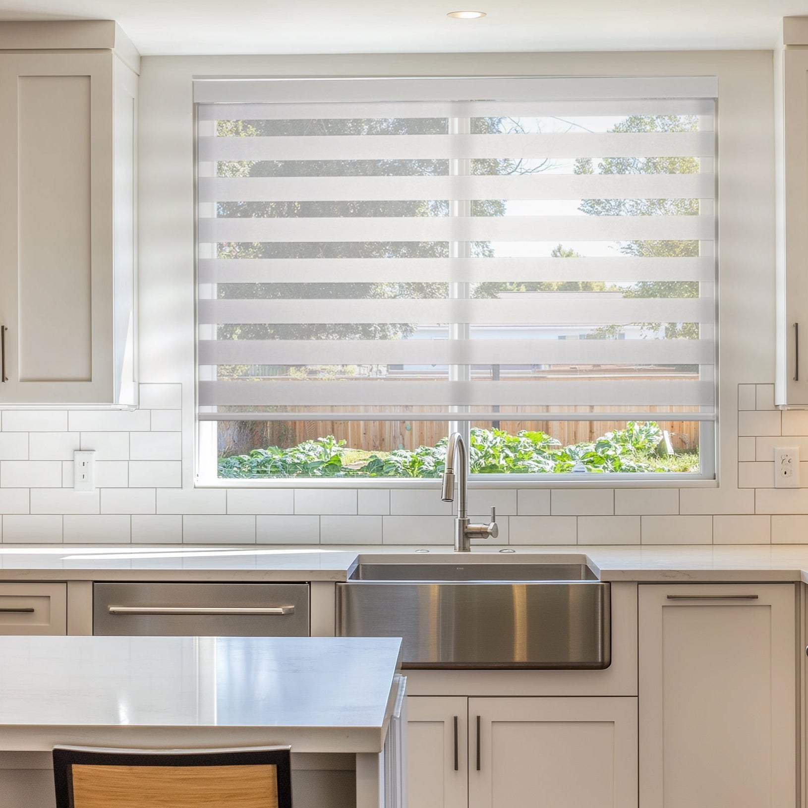 cordless light filtering zebra shades in a kitchen