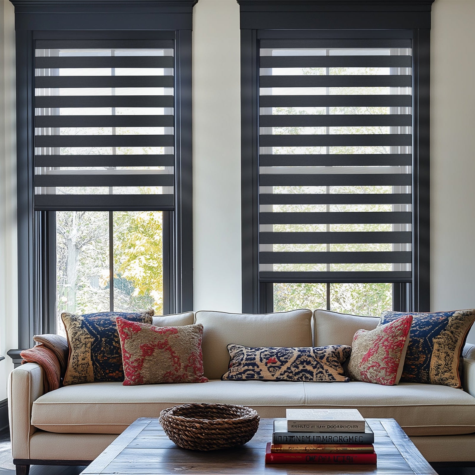 motorized room darkening zebra shades in a living room