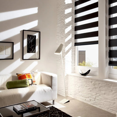 motorized room darkening privacy protection zebra shades in a living room