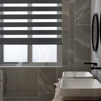 motorized room darkening privacy protection zebra shades in a bathroom