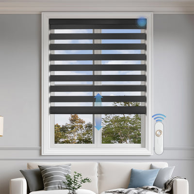 motorized room darkening privacy protection zebra shades in a living room