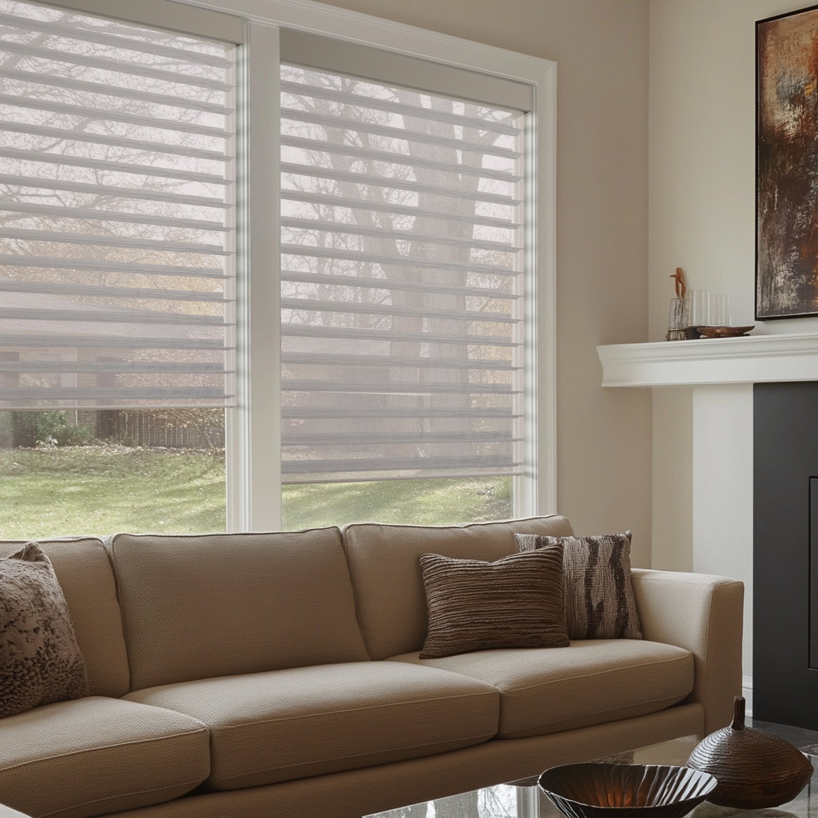 motorized light filtering 3-inch Shangri-La shades sheer shades in a living room