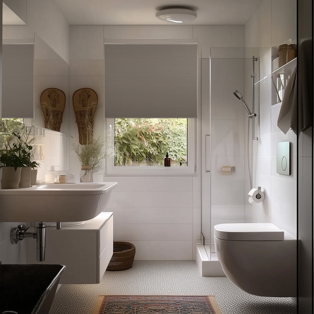 cordless energy-efficient blackout cellular shades in a bathroom