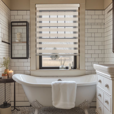light filtering linen-like bathroom zebra shades in a bathroom