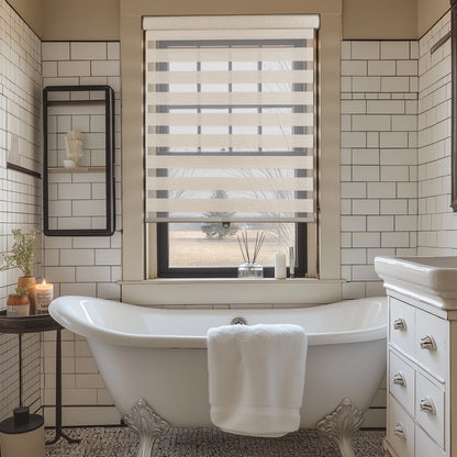 light filtering linen-like bathroom zebra shades in a bathroom