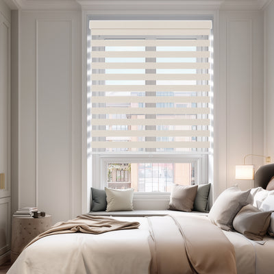 light filtering linen-like bathroom zebra shades in a bedroom