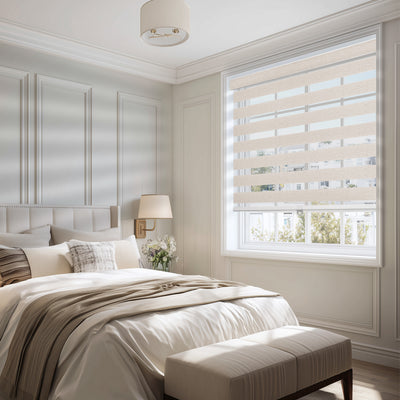 light filtering linen-like bathroom zebra shades in a bedroom