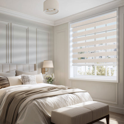 light filtering linen-like bathroom zebra shades in a bedroom