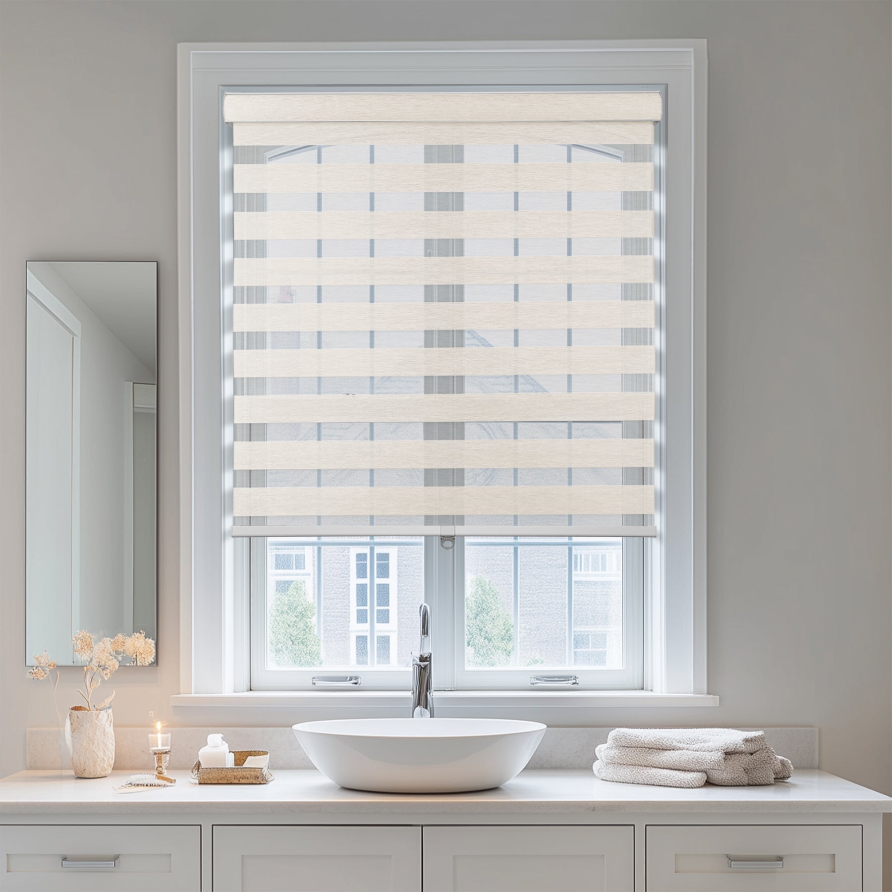 light filtering linen-like bathroom zebra shades in a bathroom