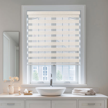 light filtering linen-like bathroom zebra shades in a bathroom