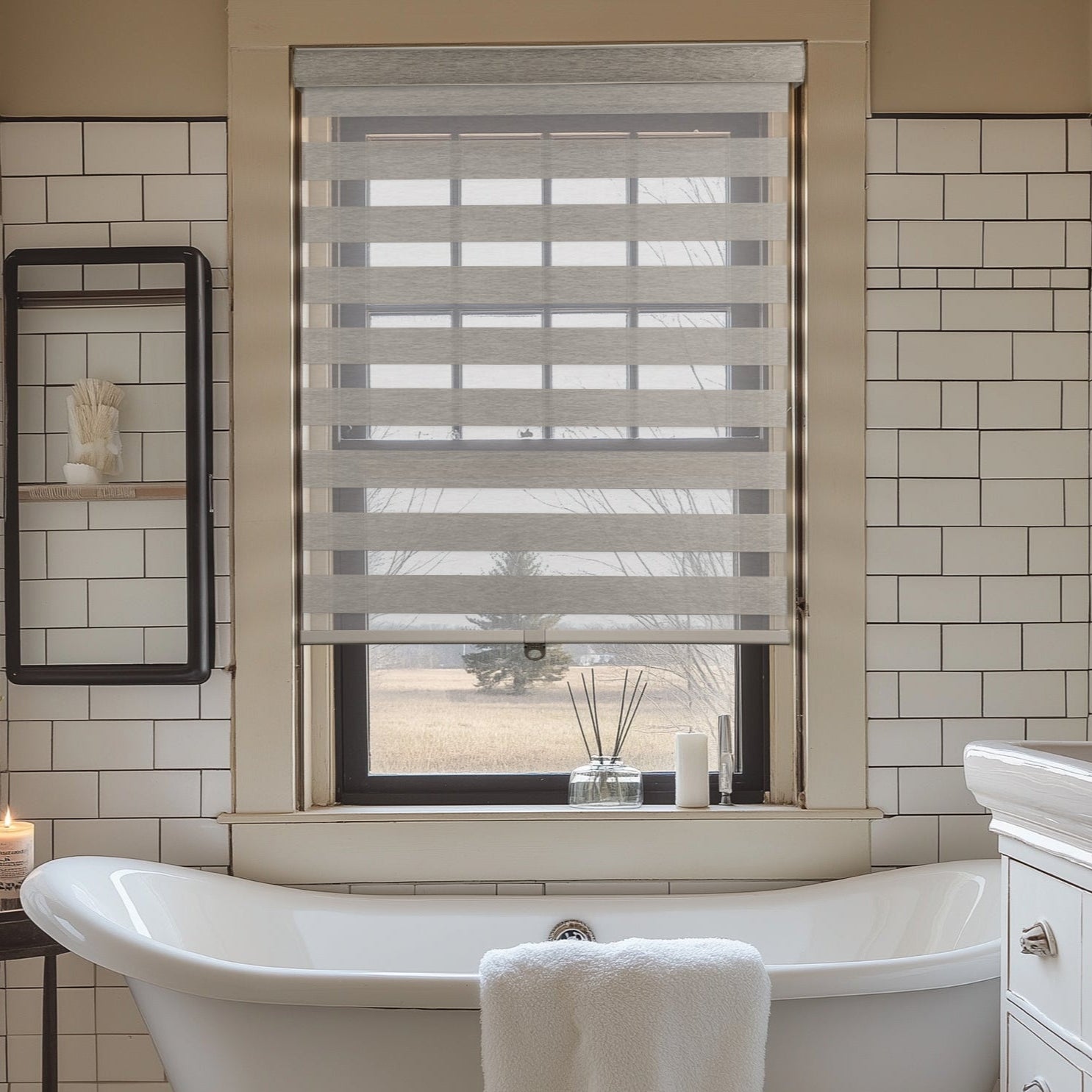 cordless light filtering polyester zebra shades in a bathroom