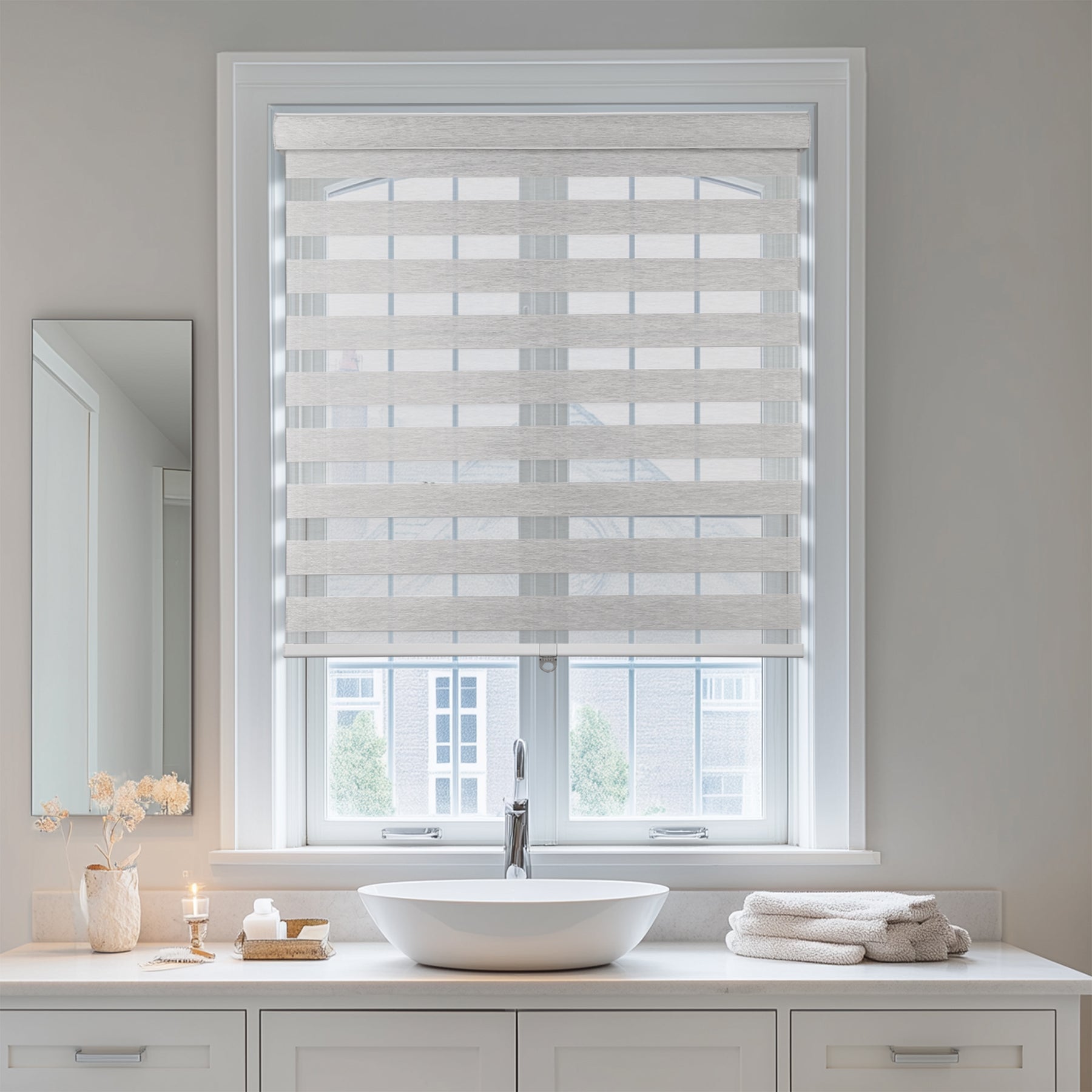 light filtering linen-like bathroom zebra shades in a bathroom