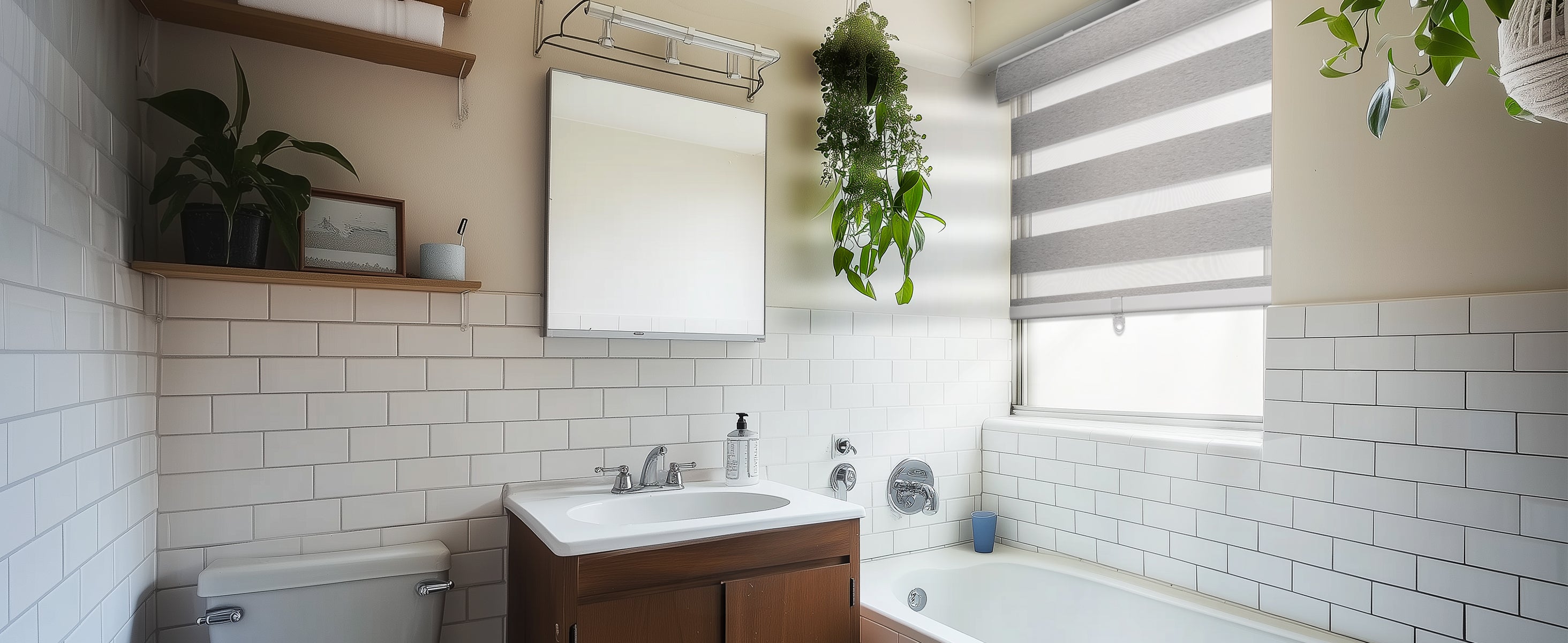 zebra shades in a bathroom Hestia Blinds