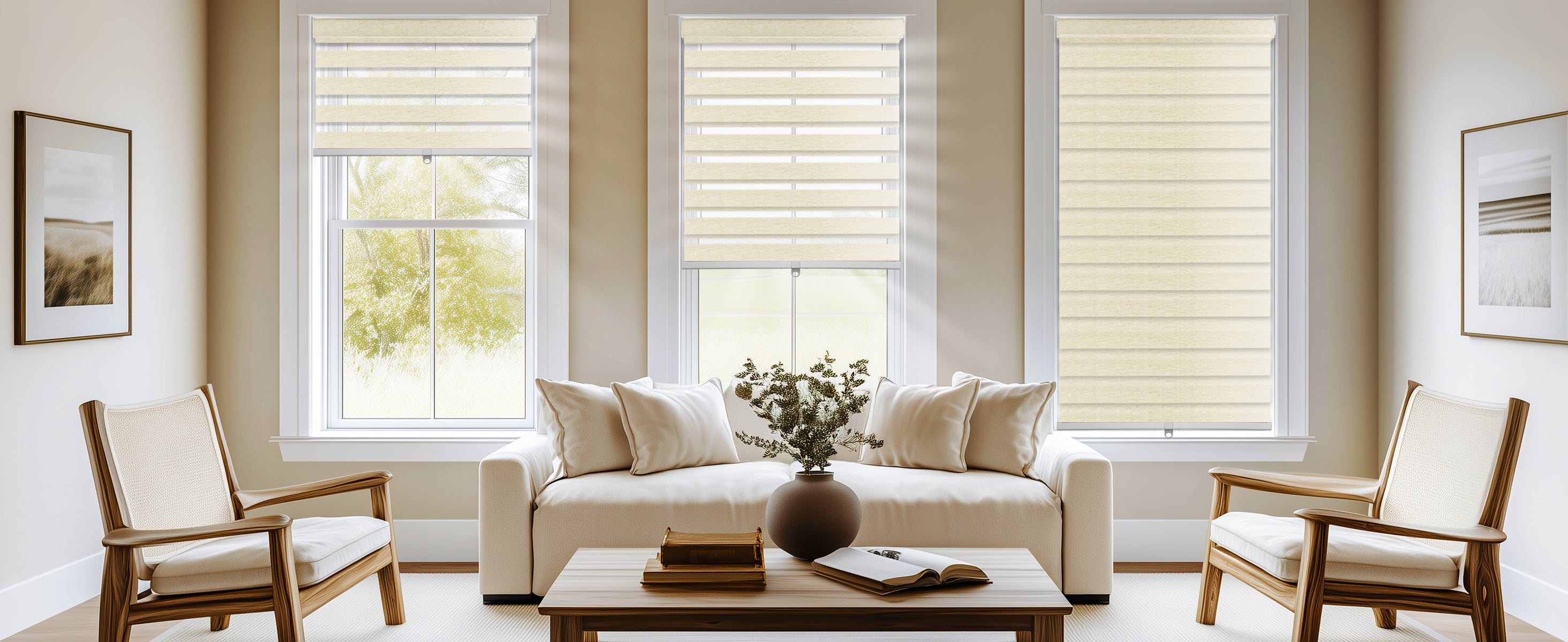 zebra shades in a living room Hestia Blinds