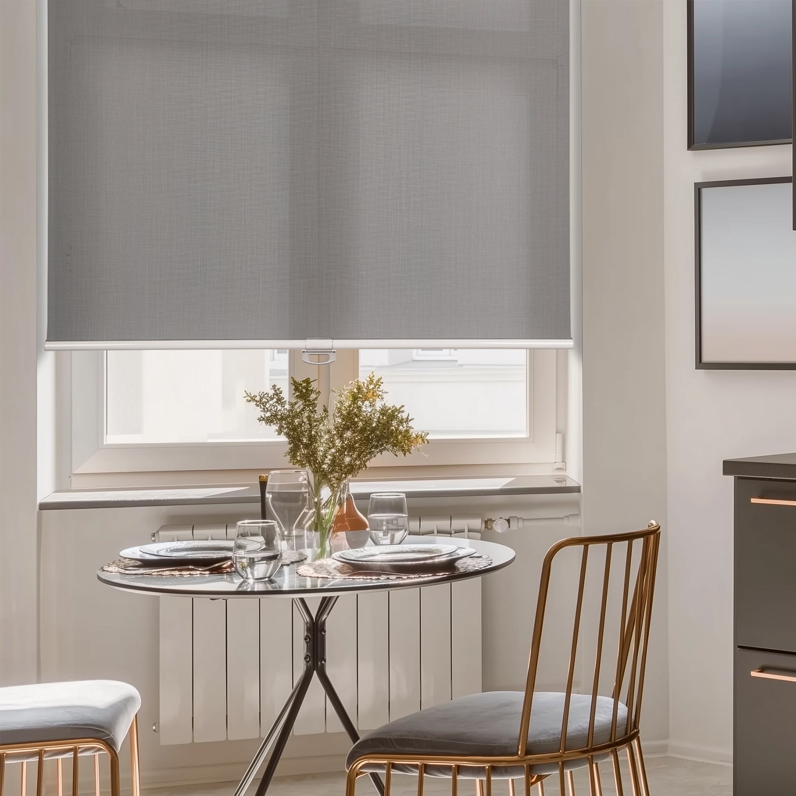 cordless lightweight light filtering roller shades in a living room