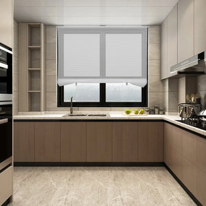 no-drill light filtering pleated paper shades in a kitchen